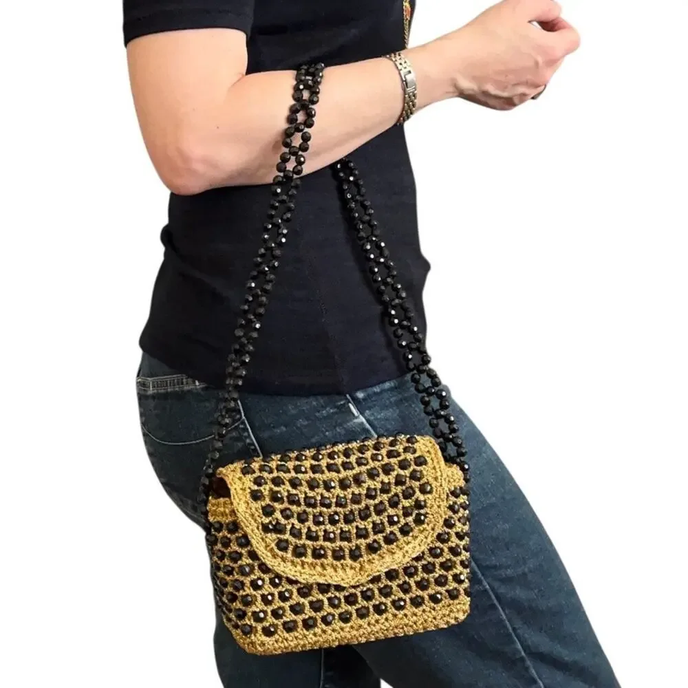 Vintage Italian Gold Crochet Black Bead Glam Evening Bag - Made in Italy Handbag